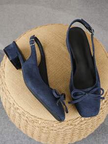 Minimalist Bow Navy Blue Back Strap 3cm Chunky Heel High Heels Women's Shoes Square Toe Versatile Elegant Closed Toe Sandals - Navy Blue - View 3