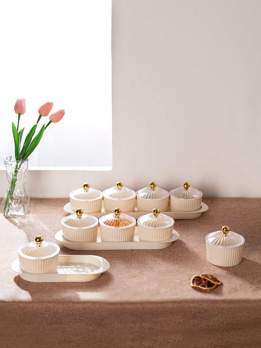 1 Set Transparent/Beige Round Dish Set, Snack Dried Fruit Candy Storage Dish, Luxury Holiday Food Storage Dish Set - Milky White With Transparent Lid - View 1
