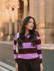 Women's Striped Long-Sleeve Blouse, Black And White, Casual Fashion  2026 - 玫紅色 - 查看 1