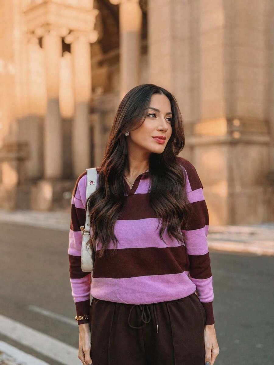 Women's Striped Long-Sleeve Blouse, Black And White, Casual Fashion  2026 - 玫紅色 - 查看 1