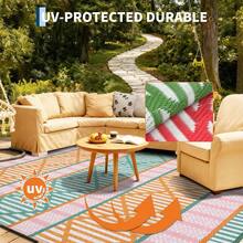 Soonbuy Reversible Plastic Straw Outdoor Rug Waterproof Foldable Washable Leaves Geometry Woven Area Rug For Patio RV Camping Beach Backyard - Orange/Green/Pink/White- 8*10ft - View 5
