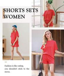 MARZXIN Women 2 Piece Shorts Set 2026 Casual Summer Cruise Outfits Ribbed Loose Short Sleeve Pocket Matching Lounge Sets - Blue Green Stripe - View 4