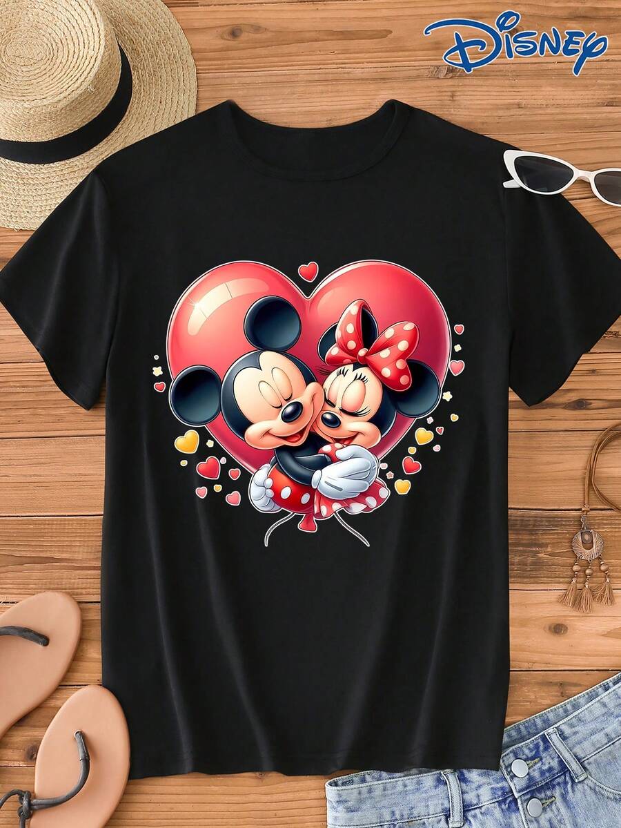 Disney 1件男士短袖T恤，米老鼠與米妮鼠卡通圖案印花 - 黑色 - 查看 1