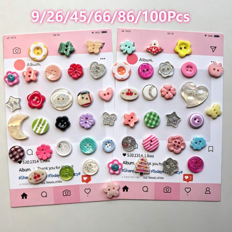 9/26/45/66/86/100Pcs Creamy Color Ins Style Cute Fresh Buttons, Colorful Resin Buttons DIY Handmade Jewelry Decoration Accessories, Sewing Supplies Small Buttons, Asymmetrical Decorative Buttons Mixed Random Styles - Multiple Styles - View 1