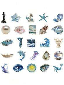 50pcs Blue Ocean Series Stickers, Creative DIY Handmade Stickers, Suitable For Laptop, Phone Case, Guitar, Water Bottle, Scrapbook, Waterproof Decorative Stickers, Perfect For Back To School Season - 50PCS - View 5