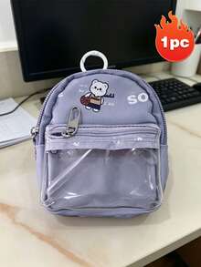 1pc Cute Light Purple Mini Bear Print Backpack Key Pouch, Portable Zipper Coin Purse With Clear Window, Decorative Cartoon Pattern Small Storage Bag For Earphones Cards Accessories Easy Carry On Go School Supplies - A - View 13