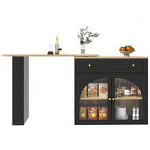 Extendable Bar Table With Storage (138-204*39*104cm), 360° Swivel Bar, Modern Mobile Bar Table, High Kitchen/Bistro Island Table, Sideboard With Shelves And Glass Doors, Black - Black - View 10