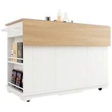 Kitchen Island, Removable Partitions, Kitchen Unit, Serving Cart With Worktop, Sideboard, Wood-Effect Serving Cart, Sideboard, Tempered Glass Display Cabinet, White - White - View 6