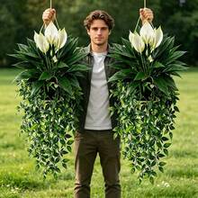 2pcs Set Artificial Peace Lily And Mandara Vine Combination, Suitable For Outdoor Garden Hanging Decor, Archway Styling, Window Sill Display, Wedding And Patio Decoration - Multicolor - View 1