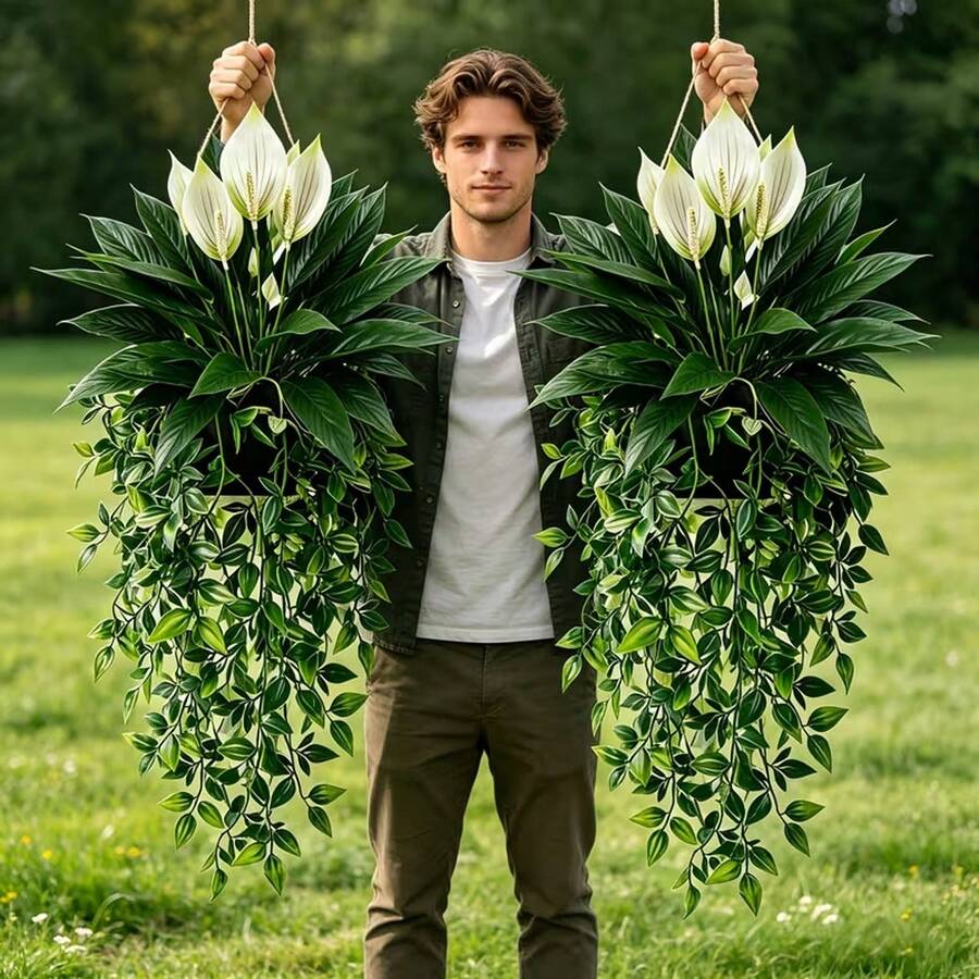 2pcs Set Artificial Peace Lily And Mandara Vine Combination, Suitable For Outdoor Garden Hanging Decor, Archway Styling, Window Sill Display, Wedding And Patio Decoration - Multicolor - View 1
