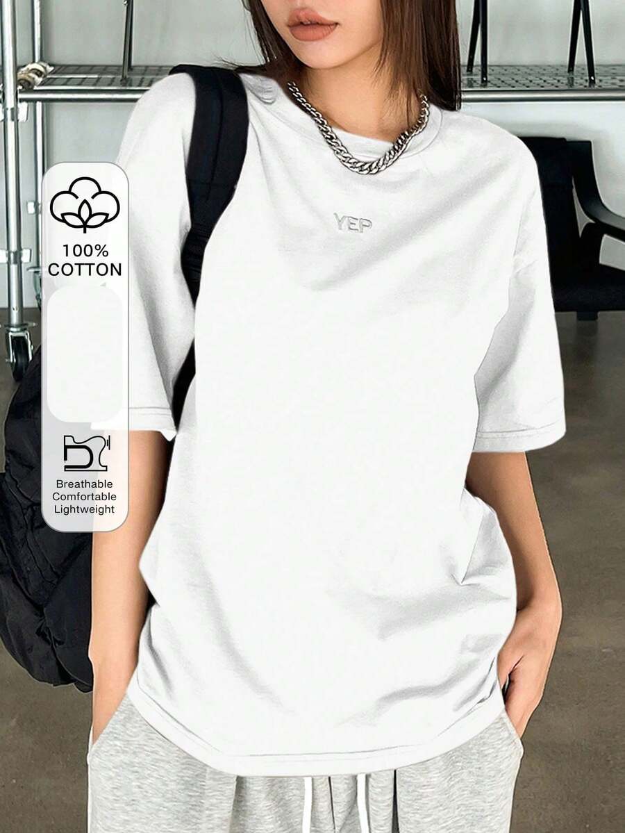 Oversized Short-Sleeved T-Shirt With Dropped Shoulders And Embroidered Alphabet - White - View 1