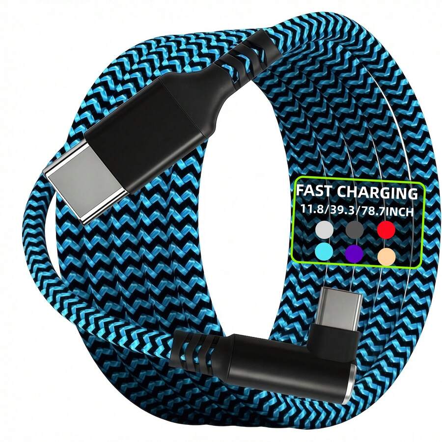 Cable trenzado de ángulo 90° de Tipo-C a Tipo-C compatible con Samsung, serie Apple/ y otros dispositivos cargador de smartphone - Azul - Ver 1