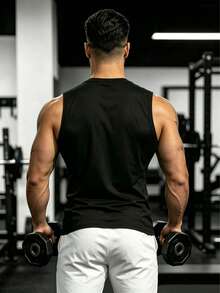 1pc Men's Polyester Sleeveless Tank Top With "POWER" Letter And Weightlifting Silhouette Print, Soft Breathable Loose Round Neck Muscle Fit Gym Top, Adult Men's Fitness Training Daily Sports Wear, Basic Apparel, Suitable For Sports Enthusiasts - Black - View 2