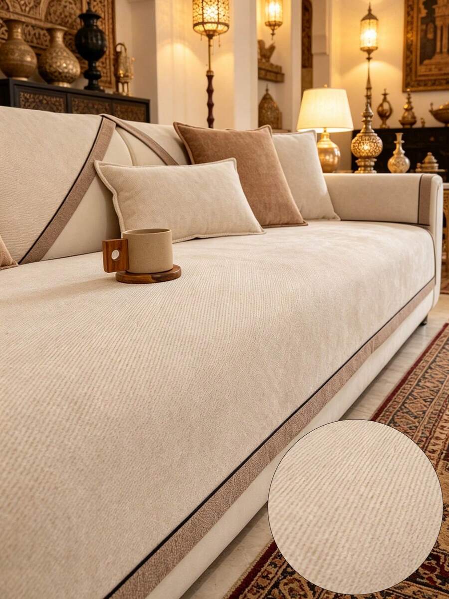 1pc Nordic Style Sofa Cover, All Seasons Universal, Simple Faux Wool Sofa Cushion Cover, Machine Washable, Suitable For Home Decor - Beige - View 1