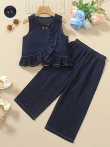 Young Girl Denim Set Fashionable Cute Ruffle Hem Button Front Round Neck Sleeveless Dark Blue Denim Vest Top And Casual Versatile Dark Blue Denim Wide Leg Pants Long Pants Set Back To School - Dark Wash - View 3