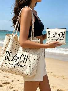 White Polka Dot Beach Tote Bag With "Beach Please" Lettering, Large Canvas Shoulder Bag, Beach Bag, Shopping Bag, Suitable For Shopping And Travel, Foldable Canvas Shoulder Tote Bag, Commuter Bag, Tablet Bag, Storage Bag, Summer Essential Travel Bag, Ideal For Beach Trips, Pool Days, Shopping And Daily Use, Perfect For Women, Travelers And Beach Lovers, Great For Spring Break, Easter, Mother's Day, Vacation And Gifts - Multicolor - View 10