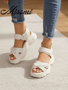 Women Chunky Sport Sandals, Summer Outdoor Casual Thick Raised-Sole Beach Shoes,Hook And Loop Fastener - Beige - View 1