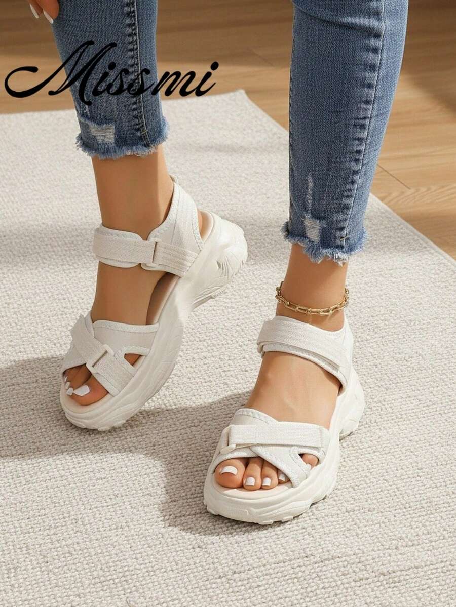 Women Chunky Sport Sandals, Summer Outdoor Casual Thick Raised-Sole Beach Shoes,Hook And Loop Fastener - Beige - View 1