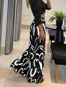 Elegante geometrische Muster Loose Wide-Leg Modehose für Frauen, Frühling/Sommer Schwarz - Schwarz - Übersicht 4