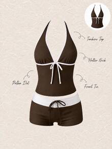 New Summer Fresh Sweet Cute Style Brown & White Colorblock Polka Dot Halter Neck Bikini Set With Shorts For Beach Vacation Casual - Multicolor - View 2