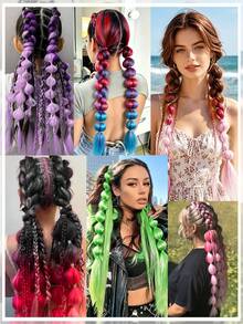 24 Inch Colorful Lantern Bubble Ponytail Wig, Heat-Resistant Synthetic Fiber, Elastic Band Fashion Braided Ponytail With Laser Line, Suitable For Women's Festival Events And Parties - Multicolor - View 4