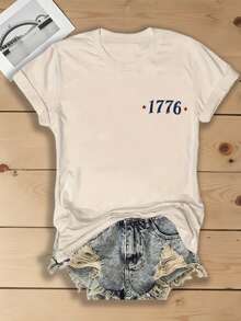 2026 New Summer Short-Sleeved Tops, Women's 1776 American Flag Double Sided Graphic T-Shirt, 4th Of July Patriotic Outfit, Comfortable Casual Wear - 杏色8 - 查看 2