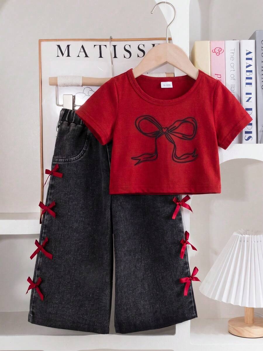 Summer Baby Girl Fashionable Bow Print T-Shirt & Casual Wide Leg 3D Bow Pants Set - Red - View 1