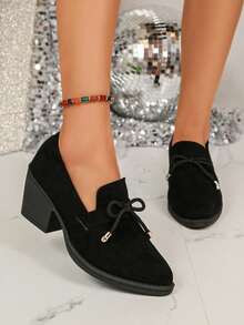 Pointed Toe Mary Jane Suede Women's Shoes Plus Size All Season New Slip-On Versatile Comfortable Thick Heel Low Vamp Shoes - Black - View 2