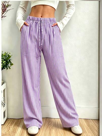 Women's Spring Summer Autumn Striped Long Pants With Side Slant Pockets, Drawstring Beach Pants, Pajama Pants, Sweatpants, Suitable For Outdoor Wear, Vacation And Loungewear
