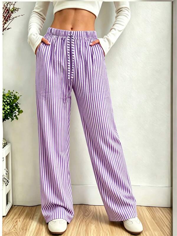 Women's Spring Summer Autumn Striped Long Pants With Side Slant Pockets, Drawstring Beach Pants, Pajama Pants, Sweatpants, Suitable For Outdoor Wear, Vacation And Loungewear