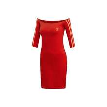Adidas Originals Trefoil Shoulder Dress - Off-The-Shoulder Fitted Side Stripe Dress (Red) - Red - View 8