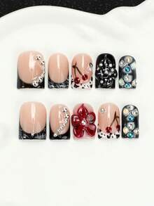 10pcs Pure Handmade French Press On Nails, Multi-Layer Gel Acrylic Fake Nails With 3D Cherry & Flower & Rhinestone & Cow Print Design, Removable Reusable Y2K Bad Girl Style Nail Tips, Including Tool Kit, Perfect For Daily & Party Wear - Multicolor - View 2