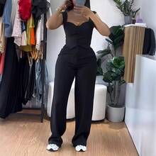 New Women's European And American Style Outfit, Fitted Crop Top With Straps And Wide-Leg Pants, Elegant And Casual Look For Curvy Women - 天藍色 - 查看 6