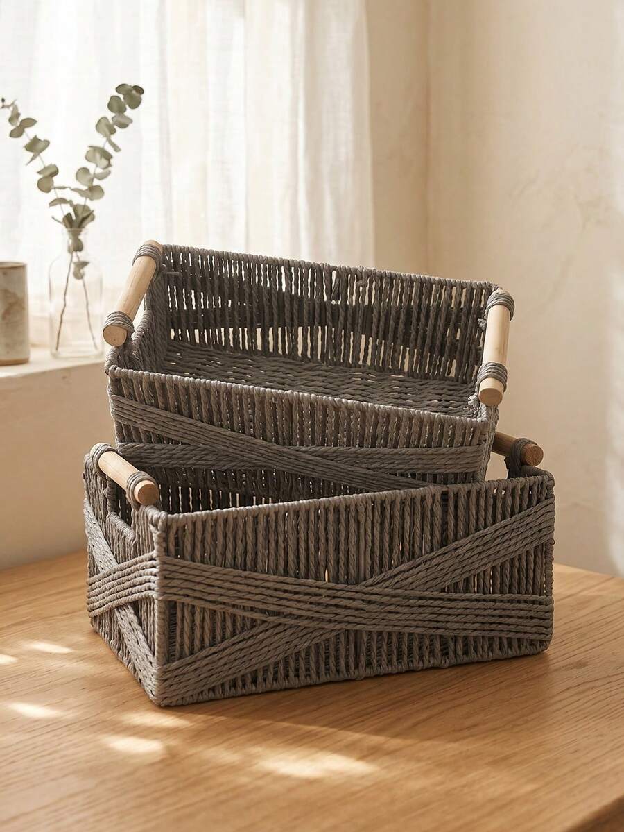 1pc/2pcs Paper Woven Storage Basket With Handle, Lace Decorated Desktop Organizer Box, Rectangular Basket Suitable For Cosmetics, Keys, Remote Controls, Snacks, Clothes And Toys, Home Multi-Functional Decorative Storage Rack, Halloween And Christmas Gift, Minimalist Style, Clean - Dark Grey - View 1