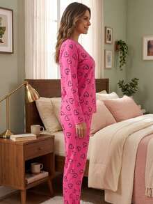 Women's Suede Heart Pajamas, Long-Sleeved Top And Pants, Winter Set REF:PJCO - 玫紅色 - 查看 3