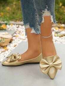 大尺碼女款 35-45 蝴蝶結尖頭平底一腳蹬鞋，金色 PU 鞋面，法式復古歐式甜美芭蕾風，軟底舒適不累腳，春夏秋新款，適合上班通勤、休閒度假、日常購物，輕量優雅顯瘦提亮，防滑耐磨，高端小眾設計，低鞋幫軟通勤鞋，四季皆宜，適合同時適用於 Ramadan 和 Eid Al-Adha - 金色PU面-金色雙蝴蝶結 - 查看 6