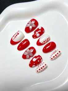 Handmade 10pcs Press On Nails - Red White Polka Dot Summer Nails, Glossy 3D Flower French Nails, Reusable Vacation Nails For Beach & Pool Parties, 2026 Summer Nail , Perfect For Mother's Day, Graduation & Holiday - Red - View 2