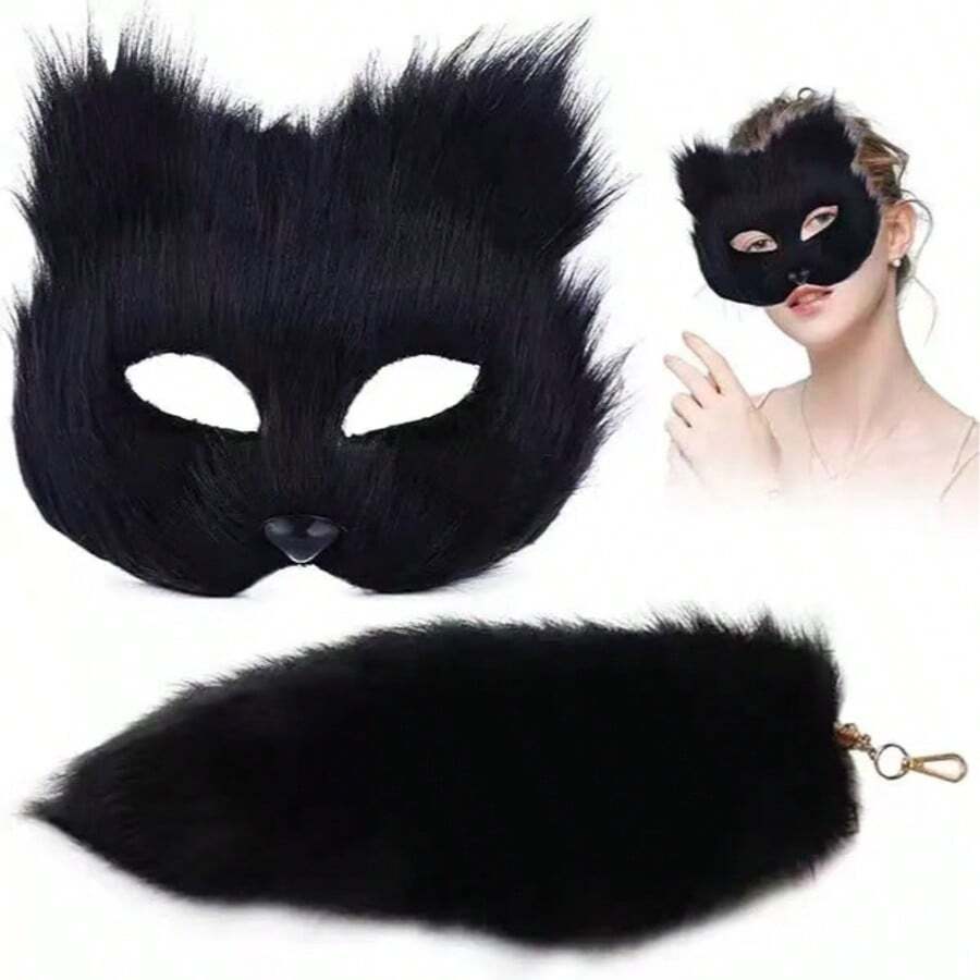 1pc/Set-Animal Costume Props, Cat Fox Mask, Fluffy Tail Decoration, Cosplay, Cosplay, Long Haired Fox Mask, Tail, Halloween White Plastic Half Face Mask, Makeup Ball, Carnival - Mask Tail - View 1