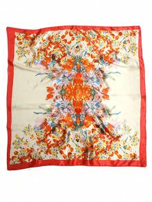 1件夏季花卉絲綢女用90cm正方形緞面絲巾，海灘休閒頭巾，旅行防曬，搖滾音樂節方巾 - 米色 - 查看 3