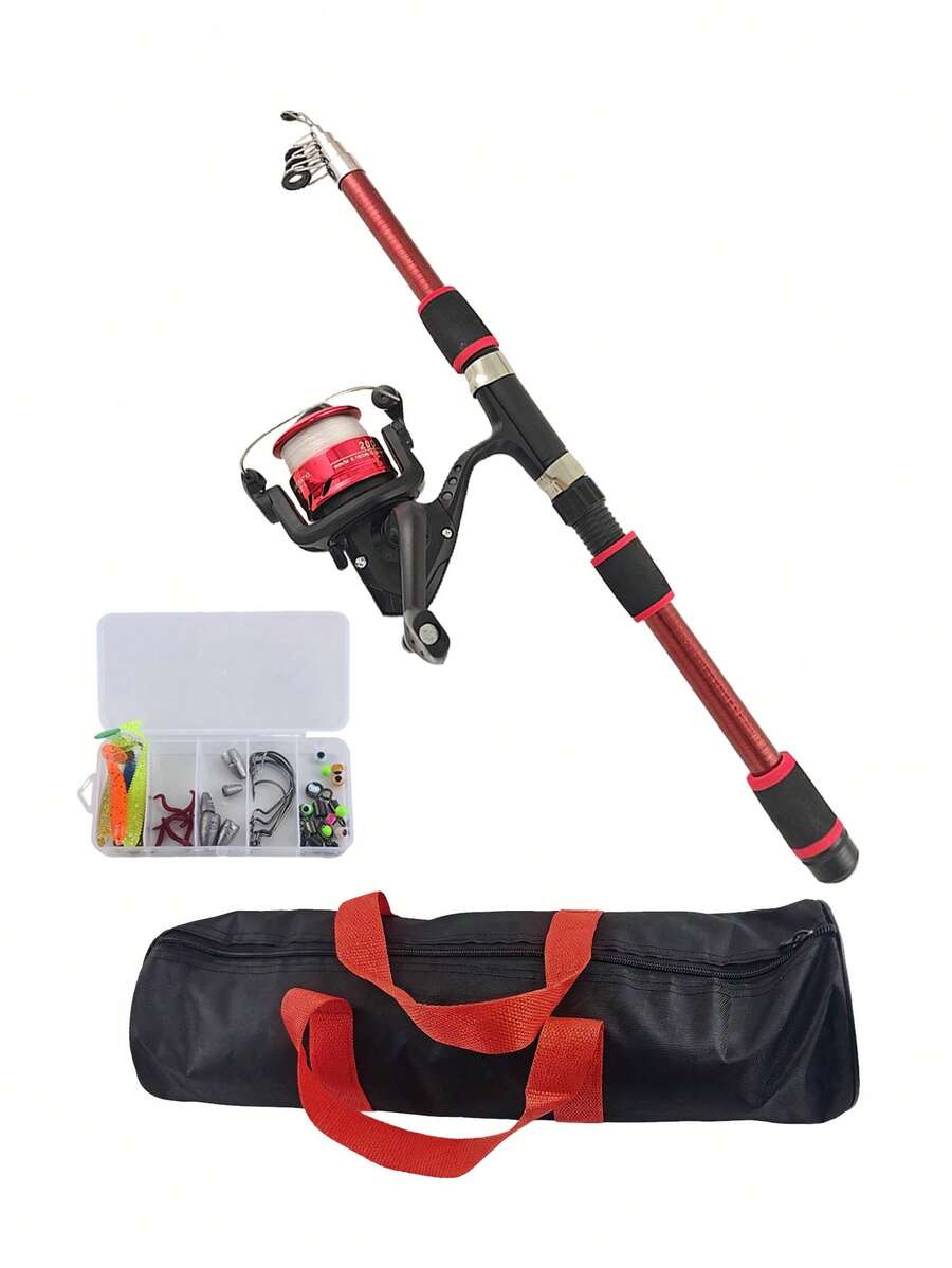 Set de pesca con señuelos y bolsa, equipado con caña de pescar, línea de pesca, señuelos y accesorios - Rojo - Ver 1