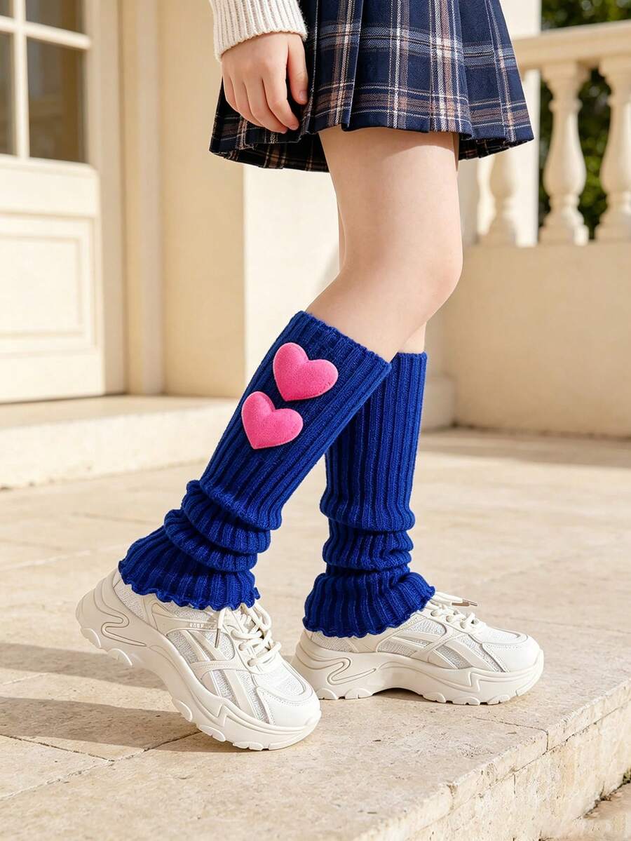 1 Pair Girls' Sweet Cute 3D Heart Bright Color Spring Autumn All Season Knit Leg Warmers, Colorful Performance Slouch Leg Warmers - Blue - View 1