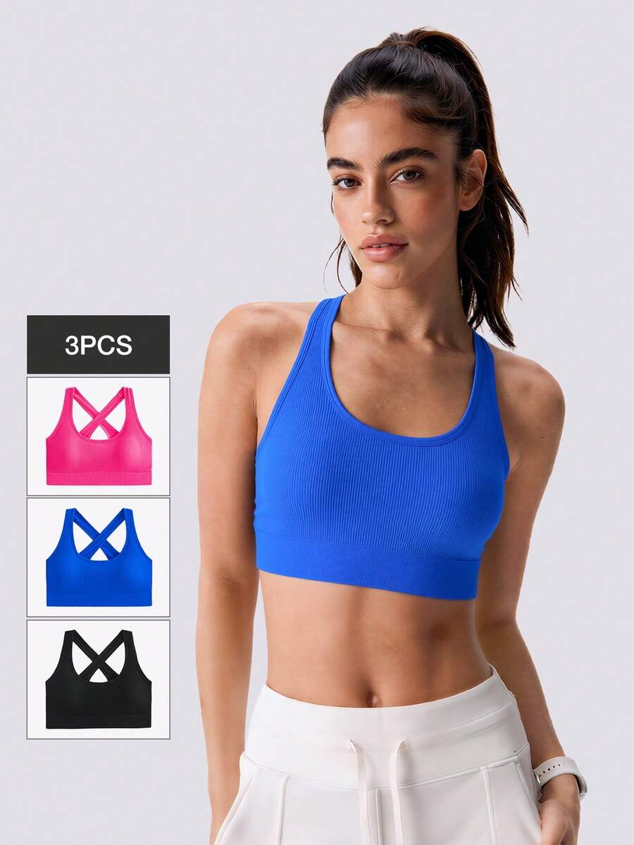 Loungeista 3 piezas Sujetador deportivo con tirantes cruzados para mujeres, sujetador corto tipo racerback para yoga, gimnasio y running que se puede usar como prenda exterior para el verano - Multicolor - Ver 1