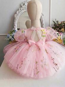 女嬰刺繡花瓣袖鏤空背網紗公主裙，適合女孩生日派對、花童婚禮、重要場合、節日慶祝禮服 - 淺粉色 - 查看 2