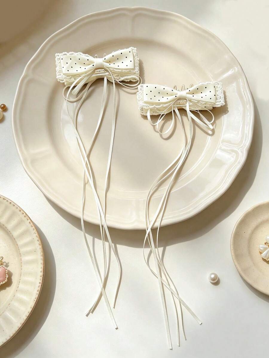2PCS Lace Polka Dot Ribbon Banana Clips, Pure & Sweet Style Side Banana Hair Clips, Suitable For Birthday Parties, Party Outfits, Daily Wear, Back To School Gifts, Wedding Season Hair Accessories Hair Clips Banana Clips