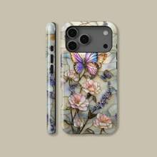 Stained Glass Butterfly & Flowers Design Phone Case For IPhone 11-17,  S21-S25 - 淺灰色 - 查看 2