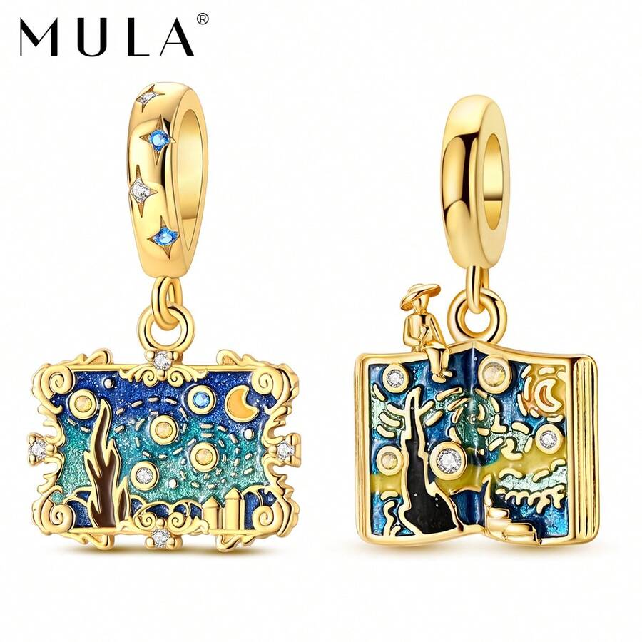 1 pieza colgante con forma de libro de paleta de pintura al óleo de la serie Noche Estrellada de Van Gogh, chapado en oro de 18K, adecuado para pulsera original, collar, cuentas de joyería DIY, diseño único, regalo personalizado - Dorado - Ver 1