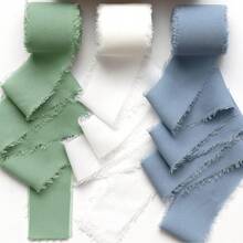3 Rolls 3 Colors High Quality Handmade Edge Chiffon Ribbon, Suitable For Wedding Invitations, Mother's Day, Bridal Bouquets, Gift Wrapping, DIY Crafts - Smog, Blue, White, Green - View 6