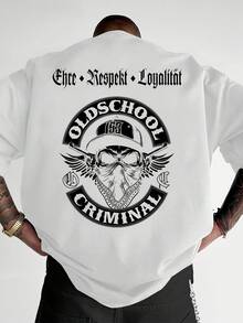Heavy-Duty100%Polyester Men's T Shirt,The Back Is Printed With A Vintage Pattern - Short Sleeve,Round Neck,Casual Street Style,Breathable For Summer T Shirt,Durable And Machine Washable,Suitable For Daily Wear Or As A Gift. - 白色 - 查看 1