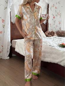 Setelan Piyama Wanita Kasual Motif Paisley & Bunga, Bahan Sutra Imitasi, Atasan Lengan Pendek Terbuka Depan + Celana Panjang, Pakaian Tidur Musim Gugur/Dingin, Hadiah Liburan Ideal - Aprikot - View 5