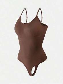 2Pcs High Waist Tummy Control Thong Bodysuit Figure - 咖啡棕 - 查看 5
